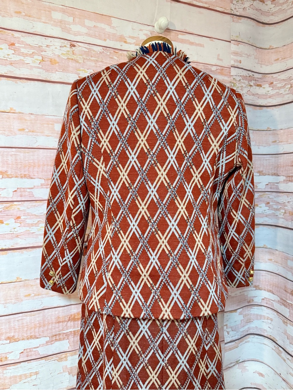 VINTAGE 60s Rust Diamond-Pattern Jacket & Dress Set - Picture 4 of 12